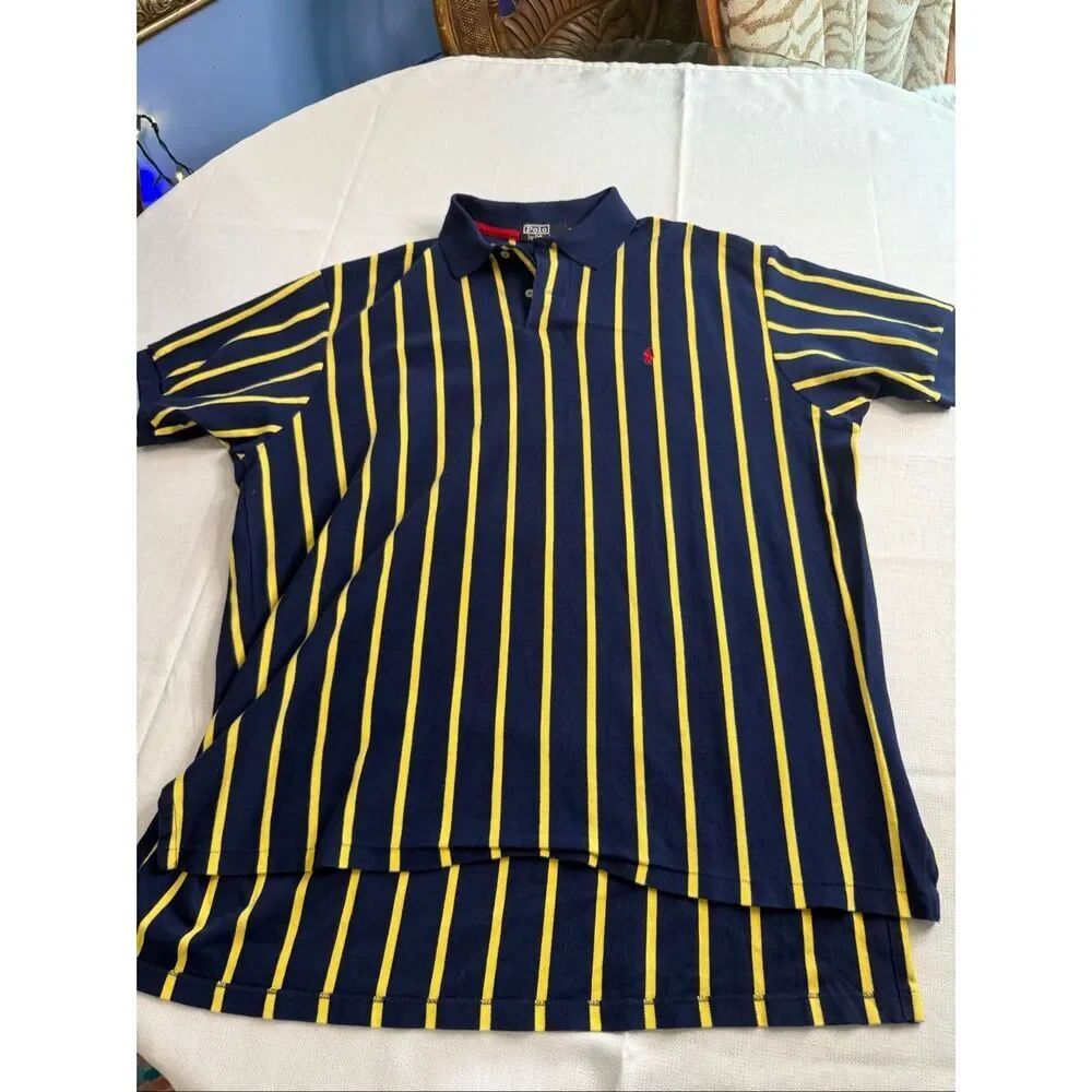 Polo By Ralph Lauren VTG 90s Navy Blue Yellow Stripe Polo Shirt Size XXL